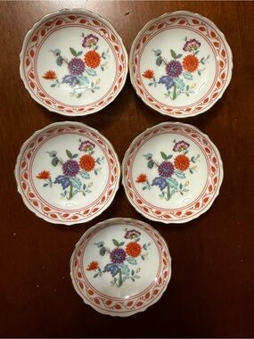 Five Vintage AK Kaiser Floral Butter Pats in Orange, Purple and Green